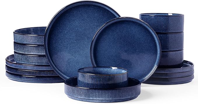 Famiware Star Dinnerware Set with Pasta Bowls, Service for 4 (16pcs), Ribbed Stoneware Plates and Double Bowls Dishes Sets - Chip & Scratch Resistant, Microwave & Dishwasher Safe, Nebulas Blue