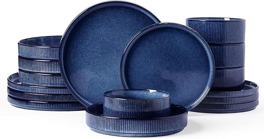 Famiware Star Dinnerware Set with Pasta Bowls, Service for 4 (16pcs), Ribbed Stoneware Plates and Double Bowls Dishes Sets - Chip & Scratch Resistant, Microwave & Dishwasher Safe, Nebulas Blue