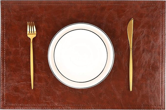 Waterproof PU Placemats, Faux Leather Dining Table Mat, Set of 6, Easy to Wipe Off Scrub Vinyl Mat, Heat & Stain Resistant for Office Conference Table, Home Decor
