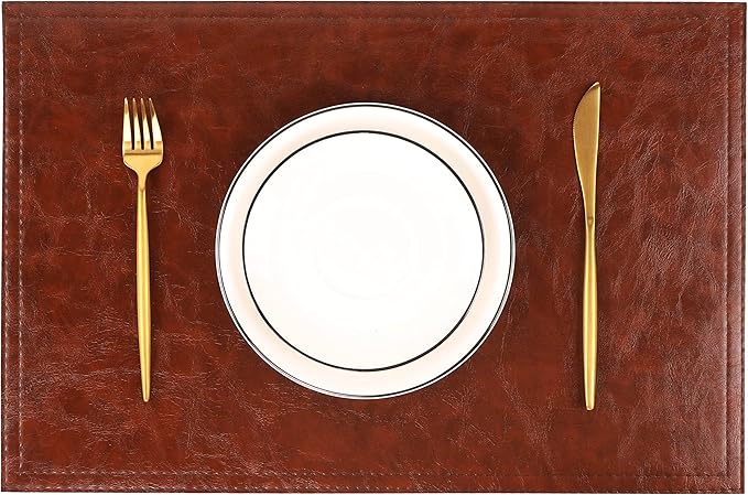 Jovono Waterproof PU Placemats, Faux Leather Dining Table Mat, Set of 8, Easy to Wipe Off Scrub Vinyl Mat, Heat & Stain Resistant for Office Conference Table, Home Décor Brown