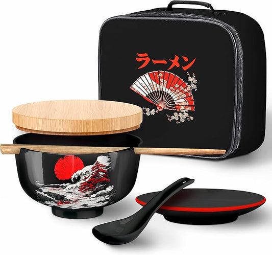 Japanese Ramen Bowl Set of 1-5 Pcs, 32 Oz Ceramic Microwaveable & Dishwasher Safe Large Noodle Bowl with Lid & Built-In Chopstick Holder, Pho, Udon, Thai, Korean, Rice - 6.5 Inch
