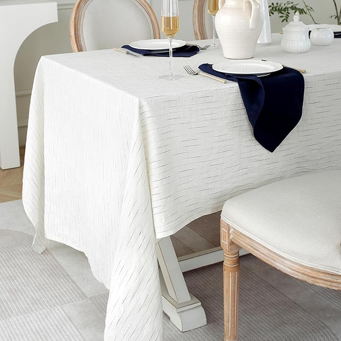 Linen World Stripe Linen Tablecloth, 100% French Navy Pinstripe Table Cloth 108" x 60" Inch, Washable Rectangular Tablecloth for Dining, Outdoor, Weddings and Restaurants, Decorative Easter