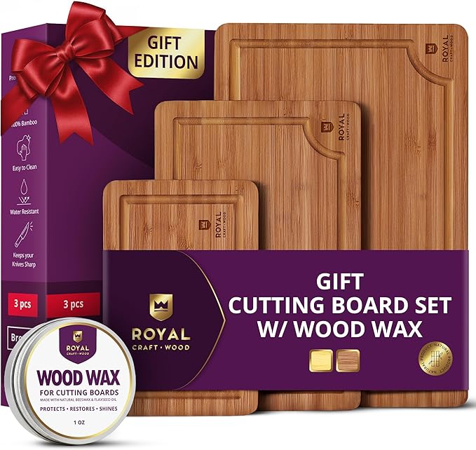 ROYAL CRAFT WOOD Bamboo Cutting Board Set – 3 Durable Wooden Cutting Boards for Kitchen Meal Prep, Charcuterie & Serving – Chopping & Butcher Block with Juice Grooves – Gift-Ready Packaging & Wood Wax