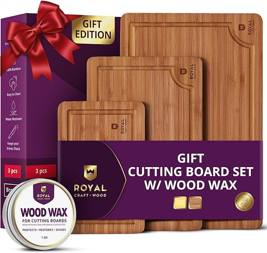 ROYAL CRAFT WOOD Bamboo Cutting Board Set – 3 Durable Wooden Cutting Boards for Kitchen Meal Prep, Charcuterie & Serving – Chopping & Butcher Block with Juice Grooves – Gift-Ready Packaging & Wood Wax