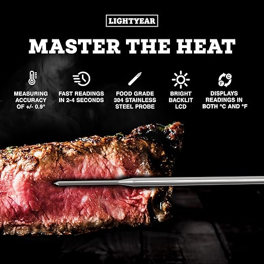Lightyear Meat Thermometer | Instant Read Cooking Thermometer for Grilling, Roasting & BBQ, Built-in Magnet, IP65 Waterproof, Food-Grade Stainless Steel Temperature Probe