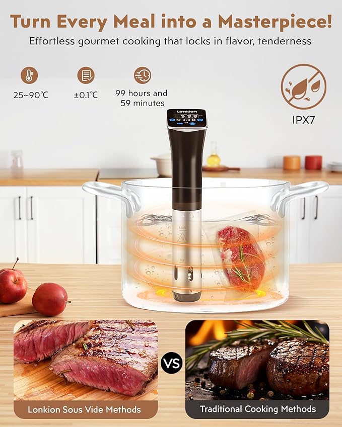 Sous Vide, Lonkion Sous Vide Cooker Machine, Temperature Control, 1100W IPX7 Immersion Circulator, Fast Heating, Home Kitchen Use, Easy to Store