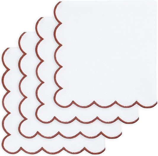 PurpleEssences Rust Scalloped Embroidery Cloth Napkins Christmas Holiday Winter Table Decor 100% Cotton Set of 4-18 x 18 inch - White - Edges - Rust