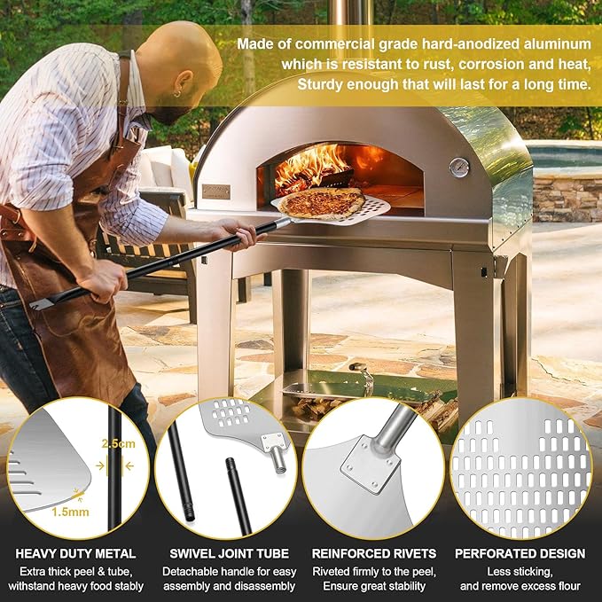 12 Inch Perforated Pizza Peel Aluminum Pizzas Spatula, Joyfair 12’’ x 14’’ Metal Pizza Paddle with Rocker Cutter Pizza Oven Accessories Turning Tool Set, Easy Cleanup (Detachable Handle)