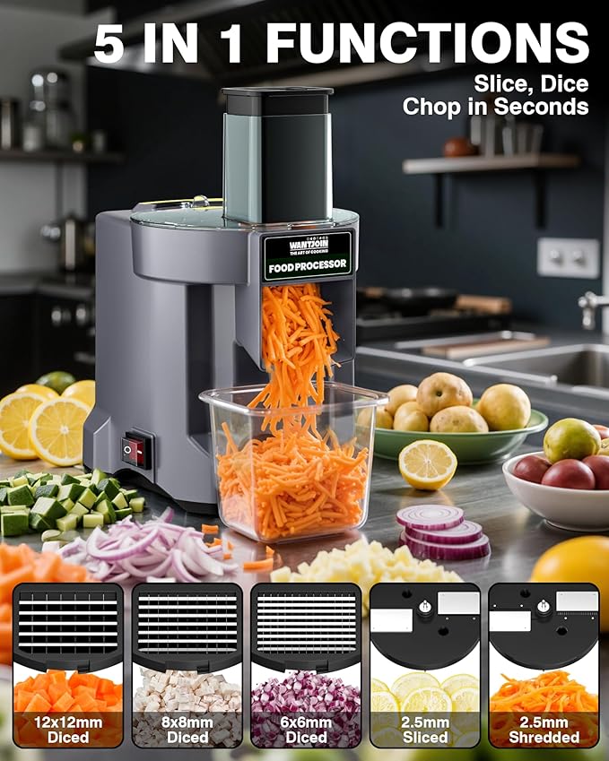 WantJoin 5 in 1 Electric Vegetable Chopper - Multifunctional Commercial Vegetable Dicer Food Fruit Processor Stainless Steel Blades for Slicing(2.5mm), Dicing(6/8/12mm), Chopping(2.5mm),Shredding