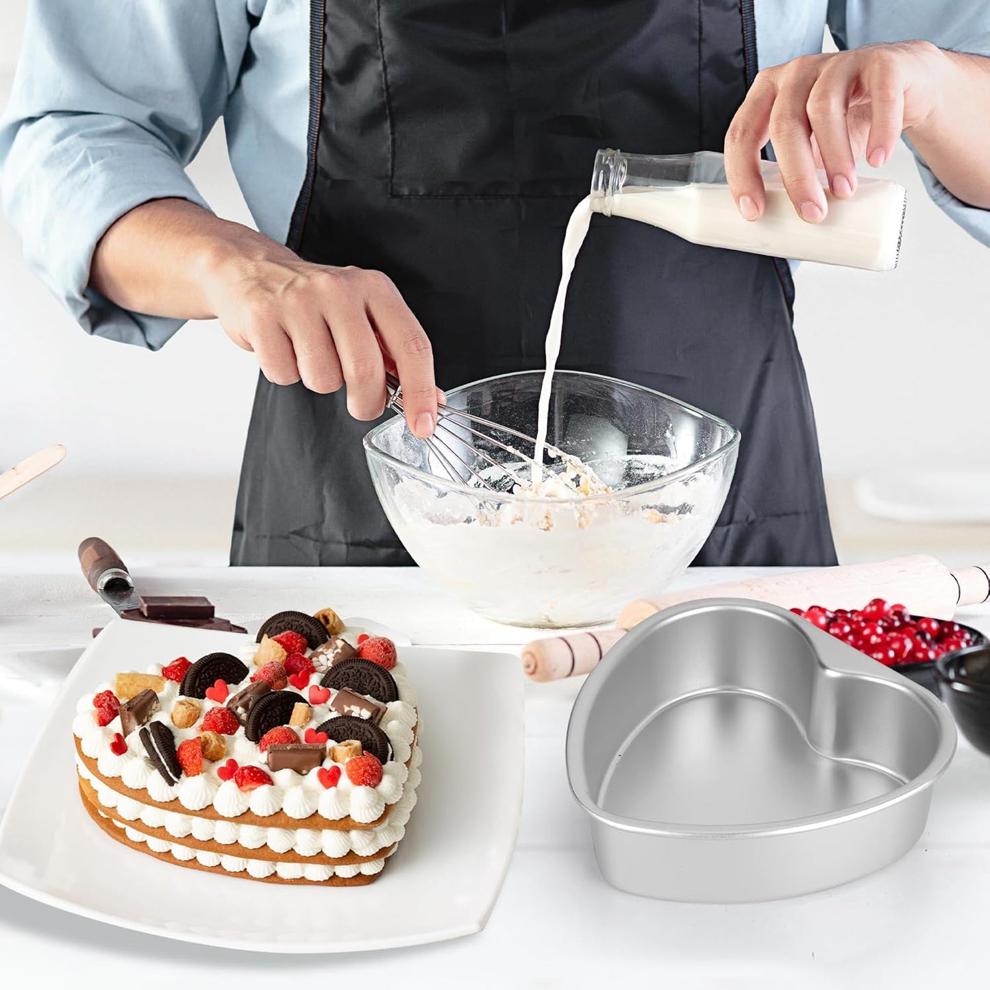 2 Pack 8 Inch Heart Shaped Cake Pans with Fixed Bottom, Aluminum Heart Baking Pan, Hearts Cake Mold for Wedding, Party