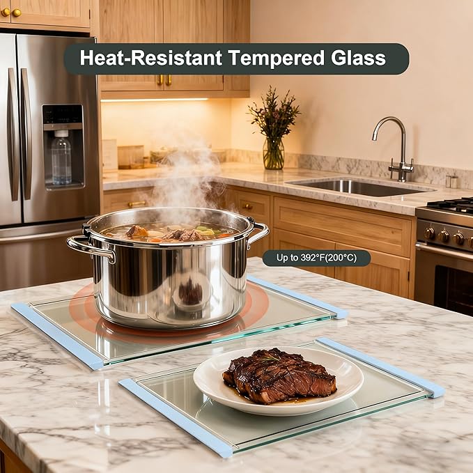 Tempered Glass Cutting Board Set for Kitchen Counter - Dishwasher Safe with Juice Grooves, Non-Slip Silicone Edges & Beveled Grip - 16"x12" & 12"x8" Serving Tray (Blue)