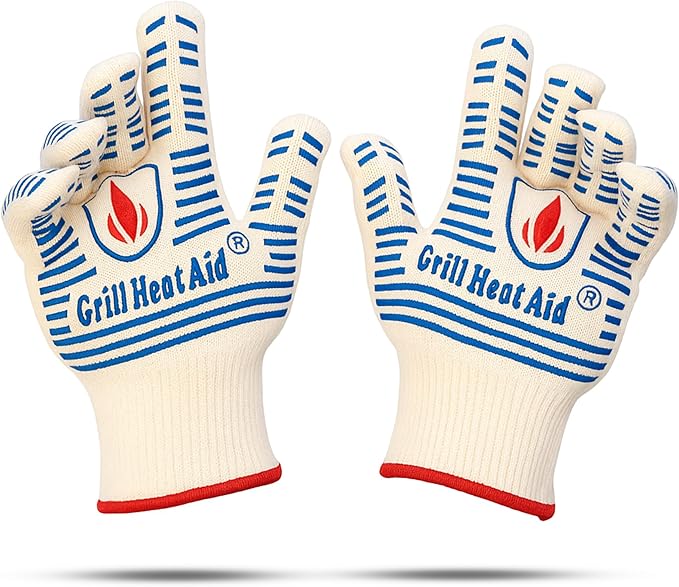 GRILL HEAT AID BBQ Grill Gloves 1472°F - Extreme Heat Resistant Oven Mitts for Grilling, Smoker & Fire Pit with Silicone Grip & EN407 Cut Resistance - Short Cuff, White & Blue