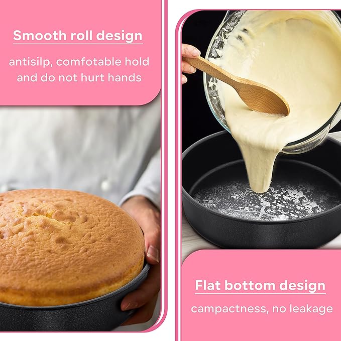 Herogo 8 Inch Cake Pan Set of 2, Stainless Steel Black Nonstick 3'' Deep Round Baking Pan, for Birthday Wedding Layer Cake Bakeware, Non Toxic, Oven & Dishwasher Safe