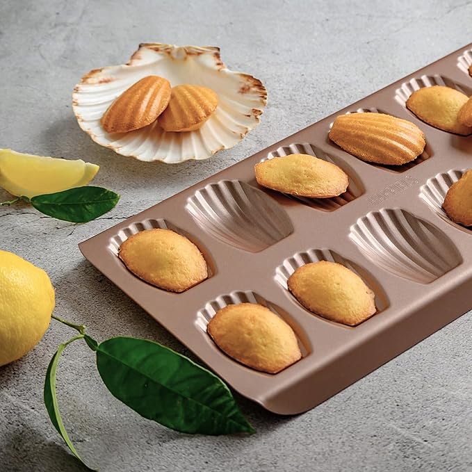HAPPIELS Non Toxic Nonstick Madeleine Pan 12 Well Set of 2 (24 wells) | Non Stick Nontoxic Madeleines Pans for baking | Madeleine Cake Cookie Mold | Madeleine tray for oven | French tin 12