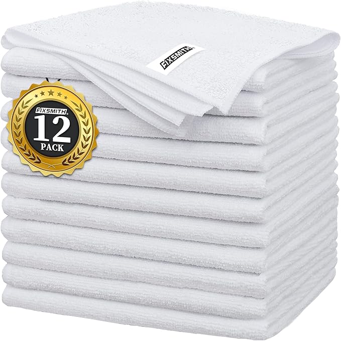 FIXSMITH White Microfiber Cleaning Cloth -Pack of 12, Highly Absorbent Cleaning Rags, 16"X12" All Purpose Cleaning Towels for Housekeeping, Kitchen, Car, Lint Free and Reusable Microfiber Towels