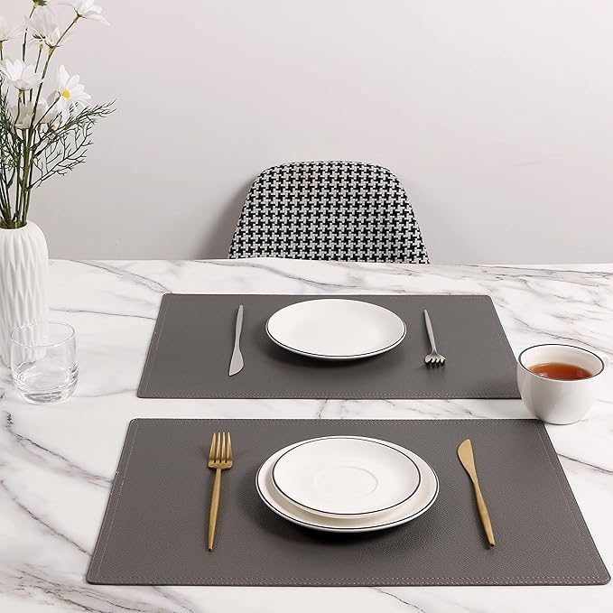 Set of 6 Faux Leather Placemats, PU Table Mats, Waterproof, Stain Resistant, Heat Resistant, Non-Slip Easy to Clean for Kitchen Dining Table,Conference Table C Grey Rectangle