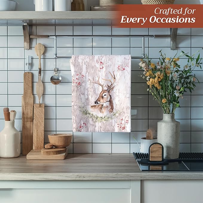 Maison d' Hermine Kitchen Towels Set of 3 100% Cotton 20" x 27.5" Reusable Cloth Tea Dish Towels Absorbent with Hanging Loop for Kitchen Dining Thanksgiving Christmas Decorations (Mountain Life)