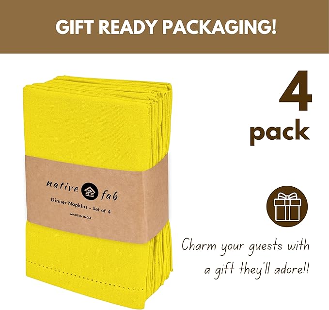 Native Fab Cloth Napkins Set of 4, 100% Cotton Washable Fabric with Hemstitched Edges, 18x18 inch, Soft, Elegant Table Linen Napkins for Dinner, Lunch, Party, Wedding, Lemon Yellow