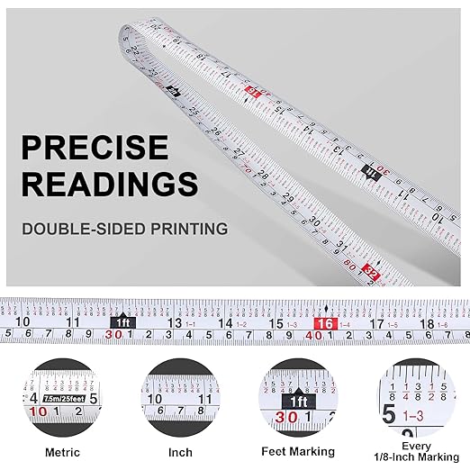 HAUTMEC Tape Measure 25ft with Dual Scale Metric and Imperial 1/8 Fractions Measuring Tape Compact Economical for Home DIY Renovations Crafting Quick Fixes HT0325-TM