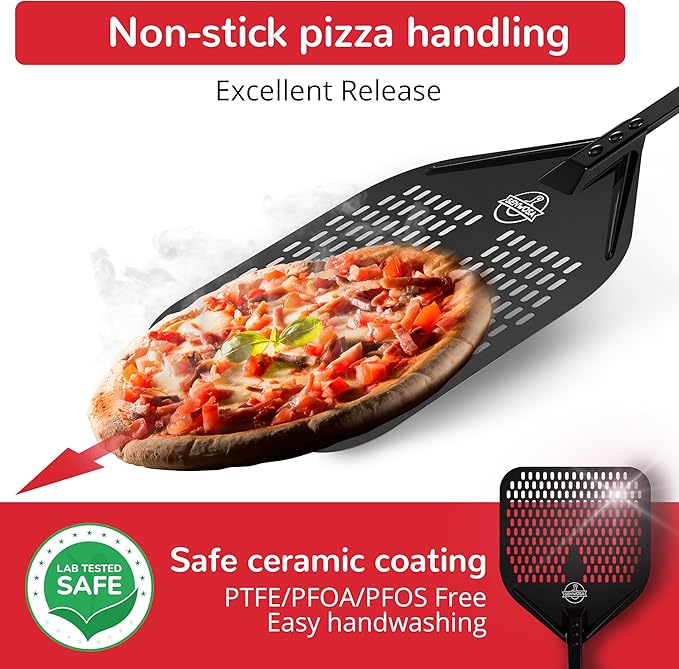 Non-stick Pizza Peel 12 inch – Excellent Slide-Off & Easy Cleanup – Perforated Metal Base with Safe Ceramic Coating