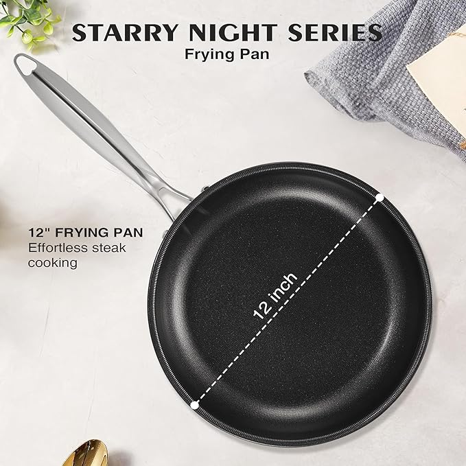 KITEXPERT Non Stick Frying Pans with Lid, 12" Titanium Ceramic Pan Nonstick Stainless Steel Skillet, PFAS PFOA & PTFE Free, Quick-Cool Handle, Dishwasher & Oven Safe, Compatible with All Cooktops