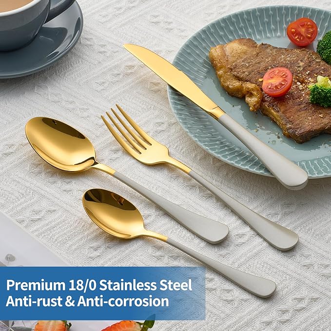 20-Piece Off white & Gold Silverware Set, 18/0 Stainless Steel Colorful Handle Flatware Set,Service for 4,Modern Cutlery Set Includes Dinner Knives Forks Spoons,Mirror Polished,Dishwasher Safe