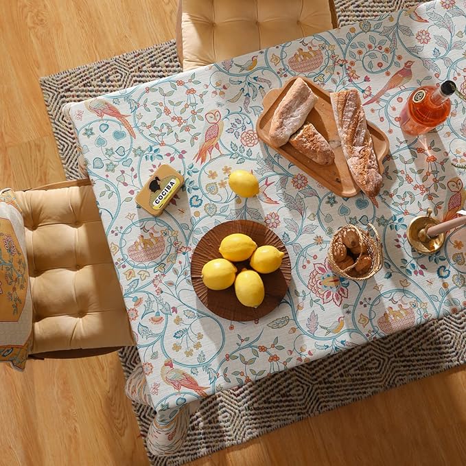 patdrea Designer Yellow French Spring Summer Tablecloth,Rustic Linen Floral Birds Pattern Table Cloth for Rectangle Tables,Decor Table Cover for Kitchen Dining Holiday Banquet,Christmas,63"*94"