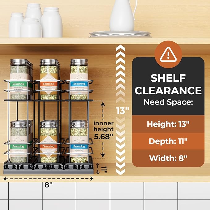 Pull Out Spice Rack Organizer for Cabinet, Slide Out Spice Racks, Easy to Install, 2.1''Wx10.35''Dx8.26''H, 3 Drawers 2 Tiers(Black)