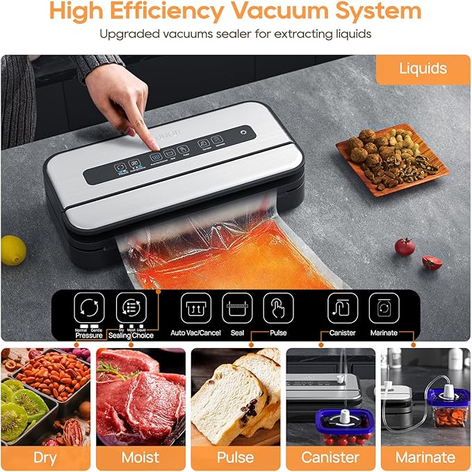 Upgraded Vacuum Sealer for Food, 90kpa 14 in 1 Food Sealer Vacuum Sealer Machine, Easy Lock Handle/Sous Vide Friendly, Liquid/Dry/Moist Food Saver Storage Vacuum Sealers with 2 Roll Bags (25 Pro)