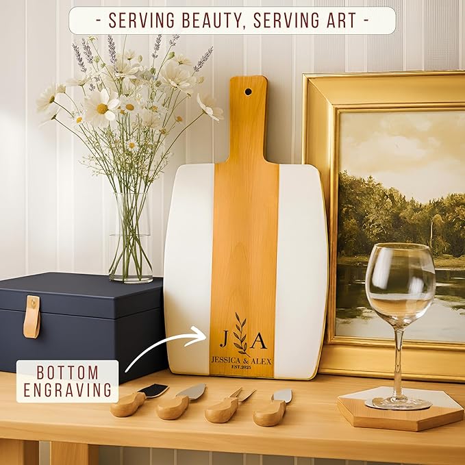 Personalized Cutting Board & 4 Coasters Set – Acacia Wood & Marble – Multi-Purpose, Food-Safe Charcuterie Boards – Gift for Weddings, Housewarmings, Christmas, Anniversaries & Bridal Showers Gifts