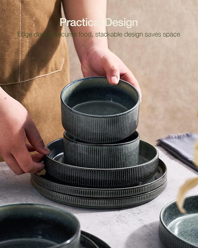 Famiware Star Dinnerware Set, Plates and Bowls Sets for 4 (12pcs), Ribbed Stoneware Dishes - Chip & Scratch Resistant, Microwave & Dishwasher Safe, Deep Forest
