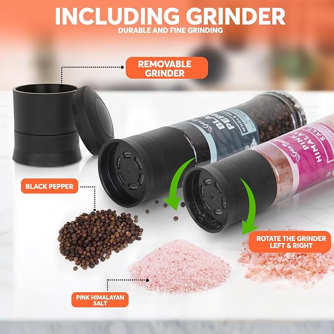 Spice Bounty Pink Himalayan Salt 12.9 oz and Whole Black Pepper 5.8 oz Grinder Set – Coarse Salt and Peppercorns with Adjustable Grinders – Gourmet Seasoning Duo for Cooking & Table Use