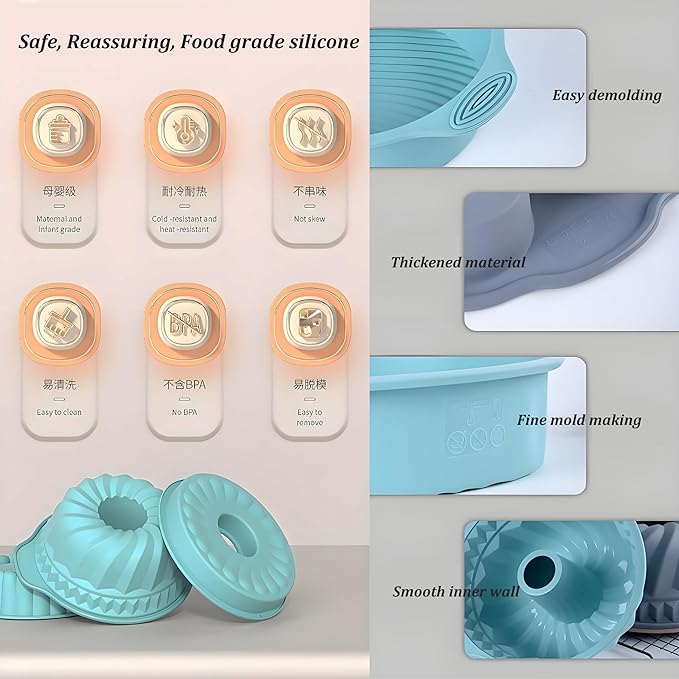 Thickened Silicone Bundt Cake Pan and Moldes Para Gelatinas, Heavy Duty Cake Mold for Baking, BPA Free, Mint Green (Donut 6-Cups / 1Pcs)