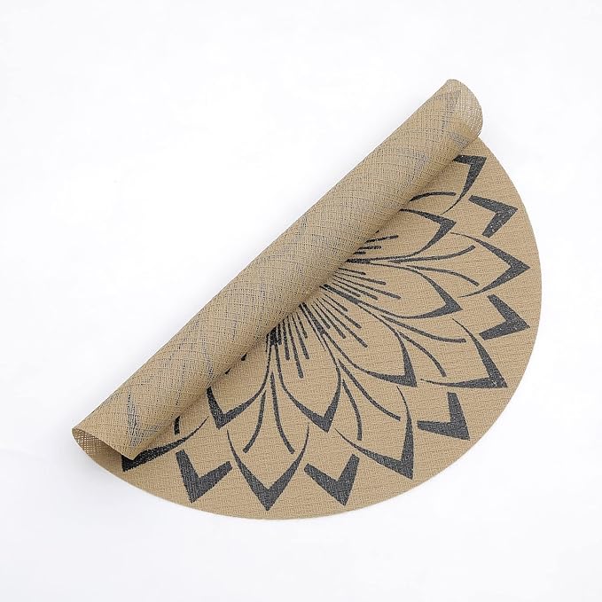 SHACOS 15 inch Round Vinly Placemats Set of 6 Boho Flower Print Place Mats Wipeable Non Slip Stain Heat Resistant Woven Table Mats Indoor Outdoor (6, Round Flower Black)