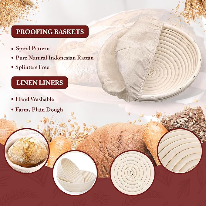Banneton Bread Proofing Baskets - 2 Pcs 9 Inch Round Bread Proofing Baskets with liner, Plastic Scraper & Oil Brush | Ideal Gift for Bakers