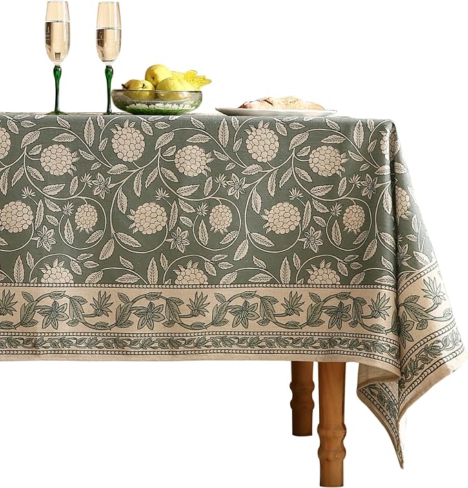 Grayish Green Rectangular Tablecloth,Linen Table Cloth with Light White Flowers Pattern,Heavy Durable Table Cover for Dining Thanksgiving Kitchen Decor Party Banquet Christmas,67"*118"