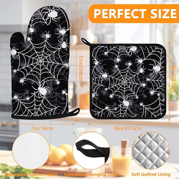 Spider Web Oven Mitts and Pot Holders Sets 4Pcs,Extra Long Oven Gloves Potholder for Kitchen Cooking Baking BBQ 100% Cotton Heat Resistant