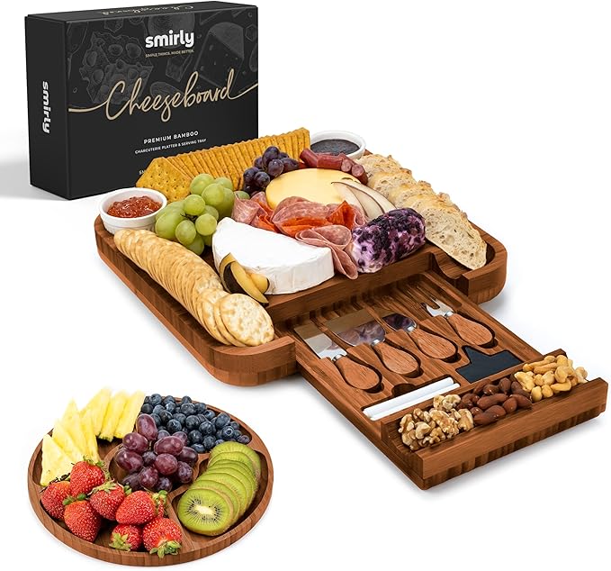 SMIRLY Charcuterie Boards Set - Large Bamboo Cheese Board Set - House Warming Gifts New Home, Wedding Gift for Couple, Bridal Shower Gift, Birthday Gifts for Women
