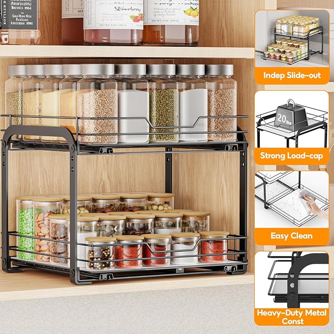 Spice Rack Organizer for Cabinet, 2 Tier Pull Out Spice Rack – Heavy Duty Metal Spice Organization for Cabinet, 50-Jar Capacity, Height Adjustable Cabinet Organizer (11.5W" X 10.5"D X 9"H, Black)