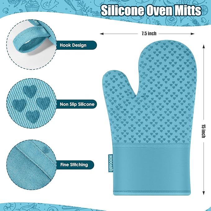 Dish Towels and Dishcloths with Oven Mitts Sets- 100% Cotton Tea Towels for Kitchen- 500 F Heat Resistant Oven Mittens 7.5"x12", Durable Dish Cloths 11.8"x11.8", Absorbent Dish Towels 13.5"x24"