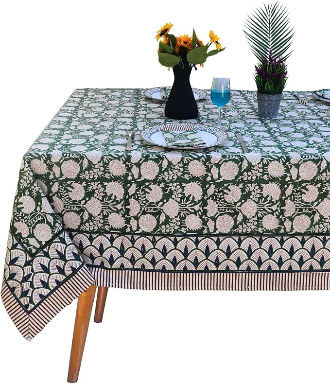 Handblock Print Cotton Tablecloth – 72x108 Rectangle Table Cover Seats 6–8 – Indian Block Printed Floral Dining Table Linen – Boho Washable Cloth for Kitchen, Party, Outdoor (Mint Green)
