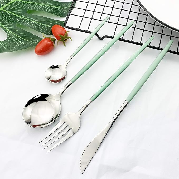 JASHII Flatware Serving Set 24 Piece, Stainless Steel Silverware Set, Mint Green Silver Cutlery Set, Modern Elegant Tableware Set for Party, Christmas, Dinner (Mint Green Silver)