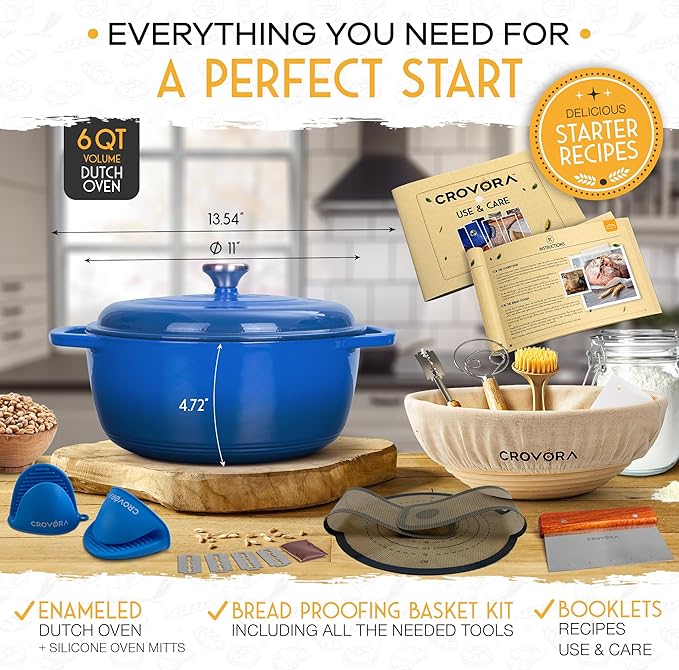 6 QT Enameled Cast Iron Dutch Oven for Bread Baking with Lid - Incl. Sourdough Bread Baking Supplies like Banneton Bread Proofing Basket, Cast Iron Bread Oven, Bread Pan, bread making tools
