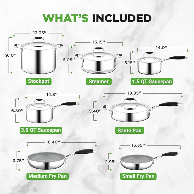 NutriChef 12-Piece Stainless Steel Kitchenware - Pots & Pans Set Clad Kitchen Cookware w/ Silicone Grip Handles, Fry Pan Interior Coated w/ Prestige Ceramic Non-Stick Coating, Stylish Kitchen Cookware