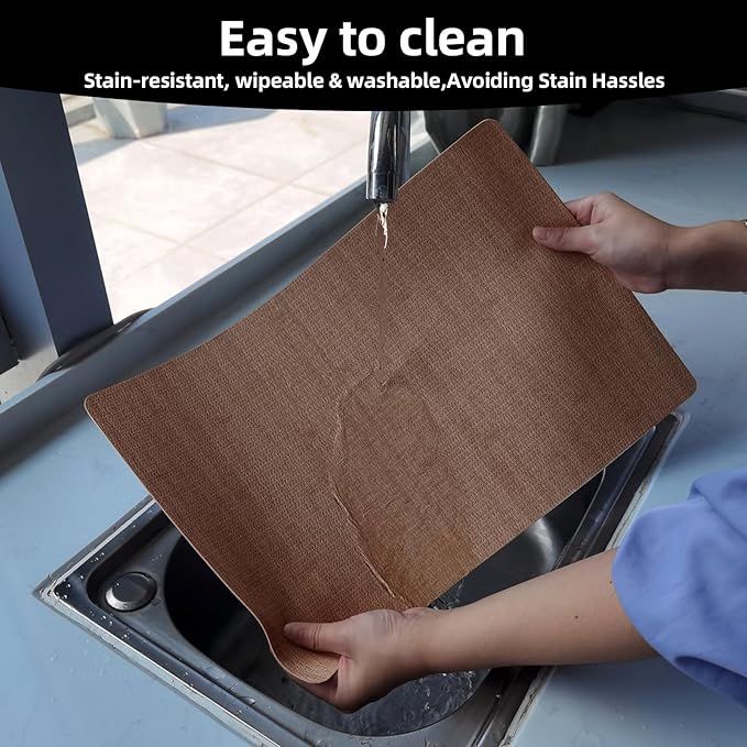 Vinyl Placemats Set of 6-12×17.7 Inch Waterproof & Heattable Placemats, Fall Faux Leather Wipeable Outdoor Table Mat for Dining, Kitchen, Indoor Outdoor Use (Brown, Linen Texture)