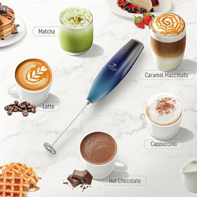 Zulay Kitchen Milk Frother Handheld Electric Whisk with AA Duracell Batteries – Durable Drink Mixer for Coffee, Lattes, Cappuccinos & More - Deep Sea