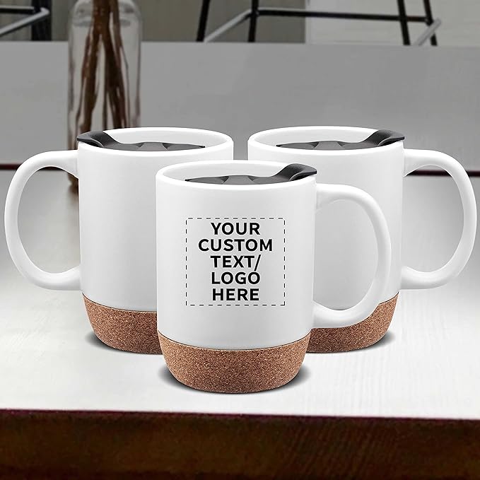 Custom Barista Ceramic Mugs with Cork Bottom 13 oz. Set of 36, Personalized Bulk Pack - Perfect for Coffee, Tea, Espresso, Hot Cocoa, Other Beverages - White