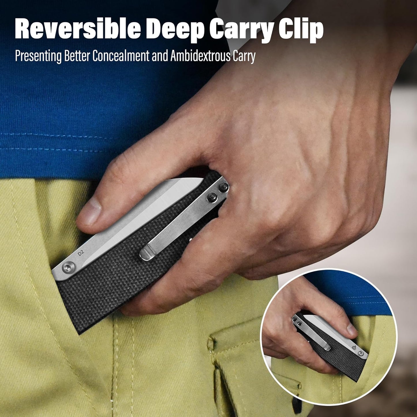 QSP Penguin V2 Folding Pocket Knife, 3.06" D2 Two Tone Finish Stonewash Satin Blade EDC Knife, Dark Brown Micarta Handle, Liner Lock, Ceramic Ball Bearings, Reversible SS Deep Carry Clip