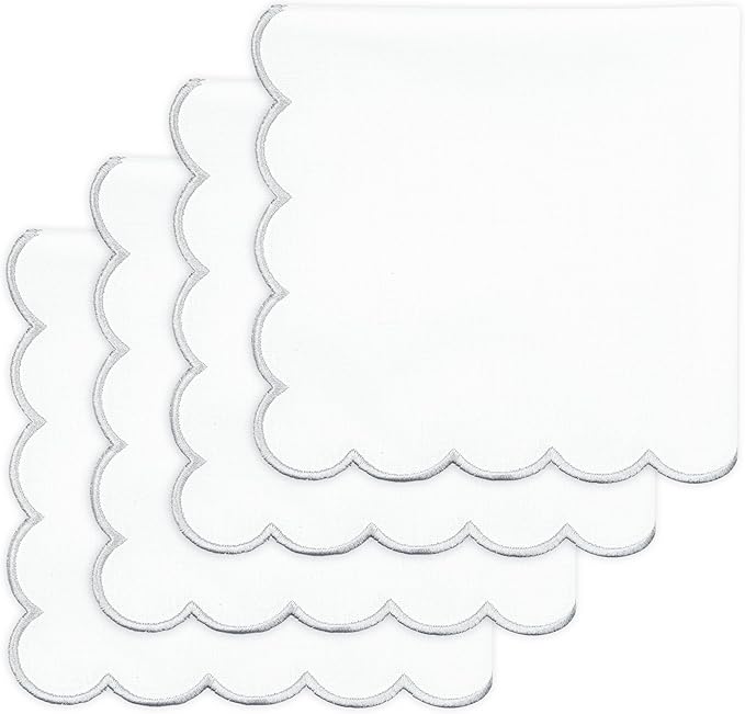 PurpleEssences Scalloped Embroidery Cloth Napkins Christmas Holiday Winter Table Decor 100% Cotton Set of 4-18 x 18 inch - White - Edges - Silver