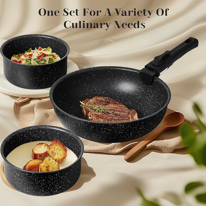 Sweetcrispy 12 pcs Pots and Pans Set, Nonstick Kitchen Induction Cookware Suit with Detachable Handle, Dishwasher Oven Safe, Pitch Black